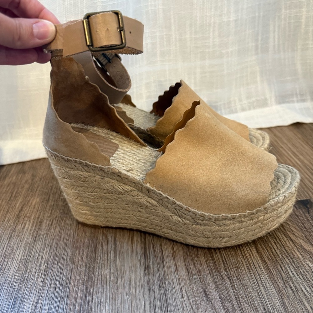 Chloe Lauren Suede Espadrille Wedges Sandals Size 40 Beige Neutral Designer FLAW